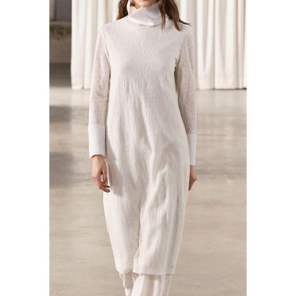 Zara Womens Jumper Dress XS Cream Jacquard High Neck Long Sleeve 8596/808 NWT